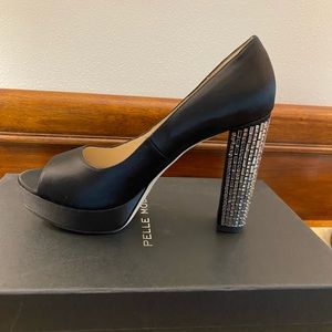 Block Heel Satin Shoes Rhinestone Heel